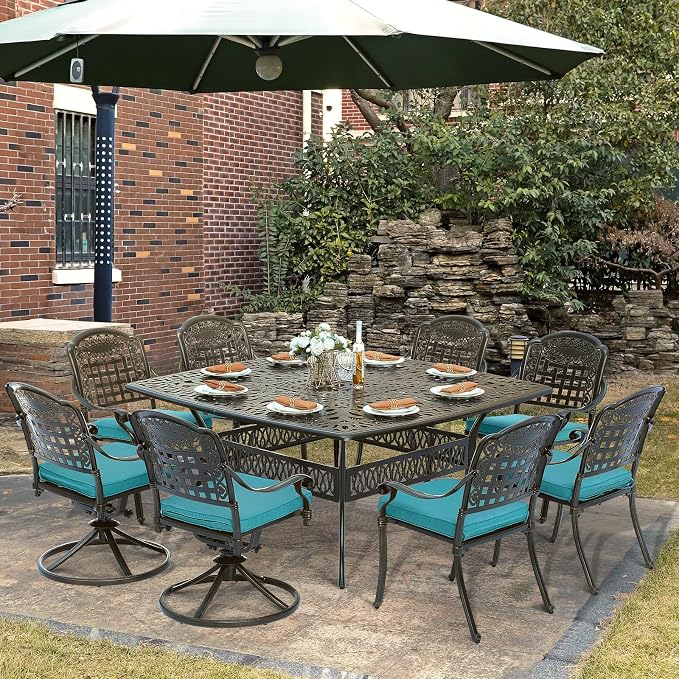 SOCIALCOMF 9-Piece Patio Cast Aluminum Dining Set, Outdoor Table and Chairs Set for 8, Includes 64" Large Square Dining Table, 6 Stationary, 2 Swivel Dining Chairs with Umbrella Hole, Ocean Blue