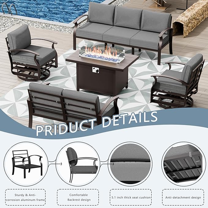 Aluminum Patio Furniture Set with Fire Pit Table, 7 Seats Outdoor Patio Conversation Sets with Swivel Chair Modern Metal Sectional Sofa with Upgrade Cushions for Patio, Backyard