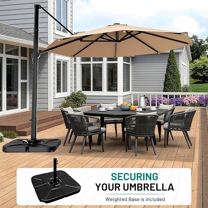 AreShark 10FT Round Cantilever Patio Umbrella with Base Included, 360° Rotation Offset Outdoor Umbrella, 5 Tilt Settings Heavy Duty Hanging Parasol for Deck Garden Pool, Beige