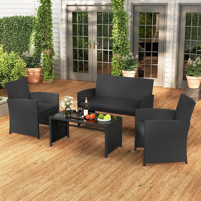 RELAX4LIFE 4-Piece Patio Furniture Set - Wicker Rattan Outdoor Sectional Sofa Set w/Glass Coffee Table, Loveseat, 2 Chairs & Soft Cushions, Bistro Conversation for Garden Porch (1, Black-Black)