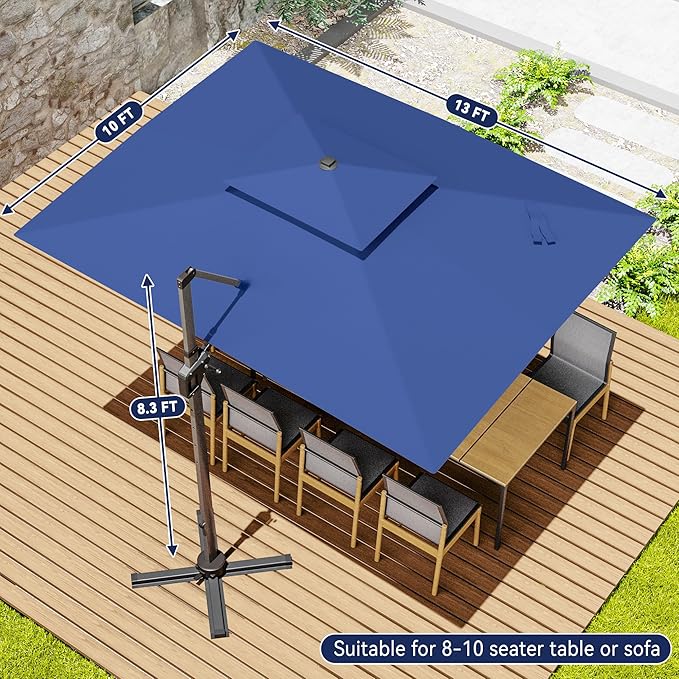 10x13 FT Cantilever Patio Umbrella with Led Lights Double Top Outdoor Rectangular Large Heavy Duty Aluminum Offset Umbrellas with 7 Level Tilt 360-degree Rotation for Pool Garden Deck, Navy
