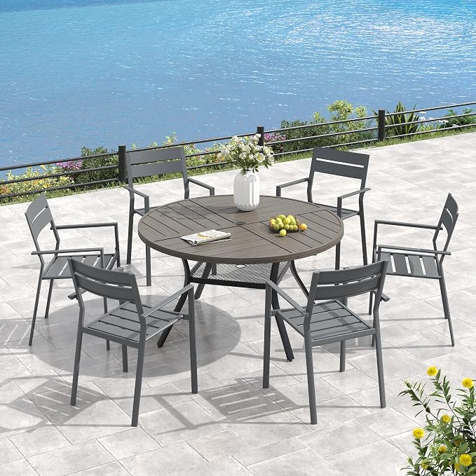 VICLLAX 47.2" Round Outdoor Table, Patio Dining Table for 6 with Umbrella Hole for Garden Lawn Deck Backyard, Antique Grey