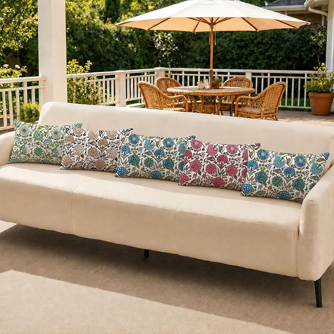 Allorry Outdoor Waterproof Pillow Covers 12x20 Brown Floral Outdoor Decor | Set of 2 Vintage Floral Block Print Pillow Cover,Farmhouse Boho Decorative for Spring Summer Outdoor Sofa Bedroom Decor
