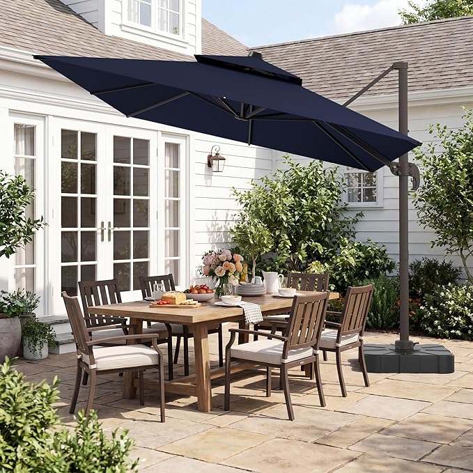 HASLE OUTFITTERS 10x13 FT Patio Cantilever Umbrella with Base, Outdoor Large Offset Rectangular Double Top Heavy Duty Umbrellas with 360° Rotation for Pool Garden Deck,Navy