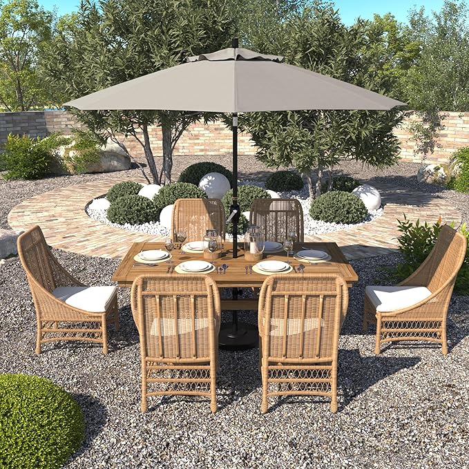 California Umbrella 9' Round Aluminum Market Umbrella, Crank Lift, Push Button Tilt, Black Pole, Woven Granite Olefin