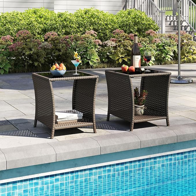 Outdoor Small Patio Table - PE Rattan Coffee Table, Wicker Side Table for Patio, Balcony & Porch, Durable & Iron Frame (2, Sesame)