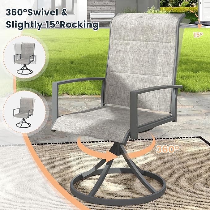 VICLLAX 3 Pieces Outdoor Dining Set, Patio Furniture Set Includes 27.6" Square Metal Table W/ 1.9" Umbrella Hole and 2 Padded Textilene Swivel Chairs for Porch, Lawn, Garden, Backyard