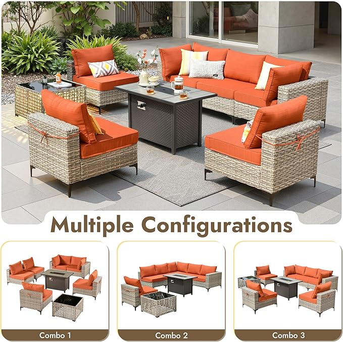 8 Pieces Patio Furniture Set with 42" Fire Pit, All-Weather Rattan Outdoor Sectional Conversation Sets L Shaped Sofas with Solar Light Coffee Table for Porch Balcony Backyard Orange