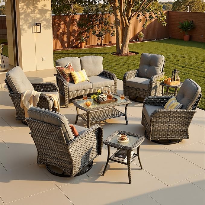 8-Piece Patio Furniture Set, Outdoor Wicker Furniture with Coffee Table, High Back Swivel Rocker Patio Chairs, Modern Rattan Outdoor Chairs Conversation Set for Porch, Balcony, Garden, Dark Gray