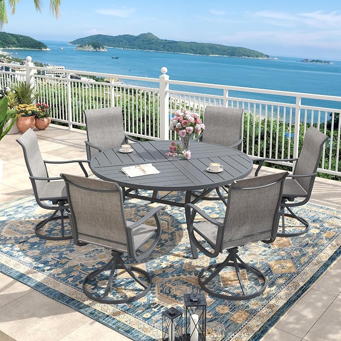 50" Outdoor Dining Table with Adjustable Umbrella Hole, Metal Slatted Round Patio Dining Table for Backyard Garden Deck, Dark Grey