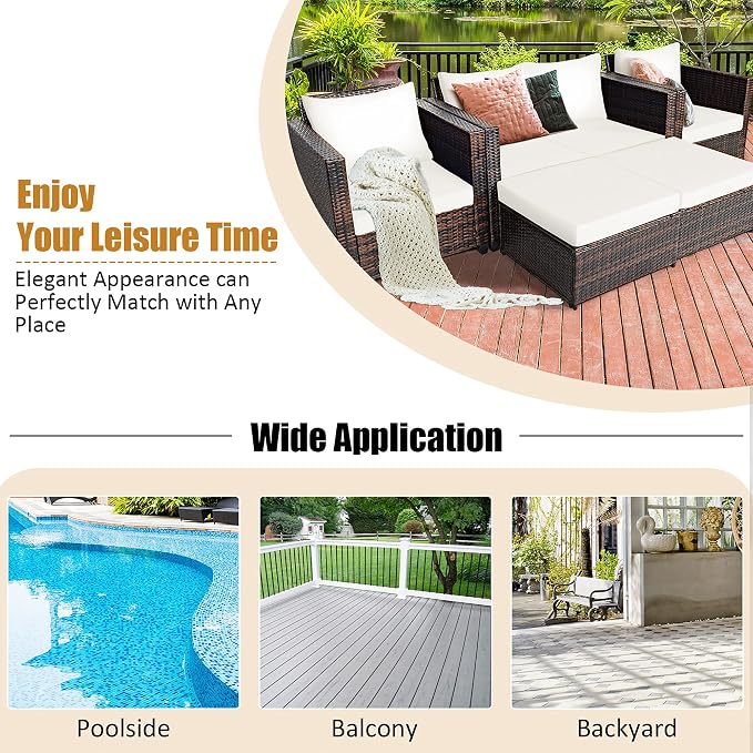 DORTALA 5-Piece Outdoor Patio Conversation Set, Loveseat and 2 Ottoman, Outdoor Sectional Rattan Sofa Set, Multifunctional Rattan Furniture Set Suitable for Backyard Garden Poolside Balcony, White