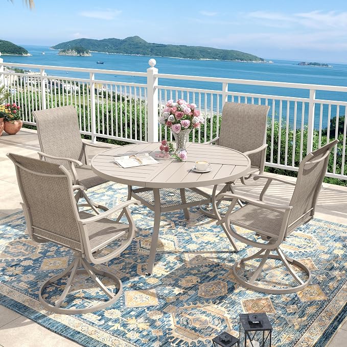 40.6" Outdoor Dining Table with Adjustable Umbrella Hole, Metal Slatted Round Patio Dining Table for Backyard Garden Deck, Sandshell