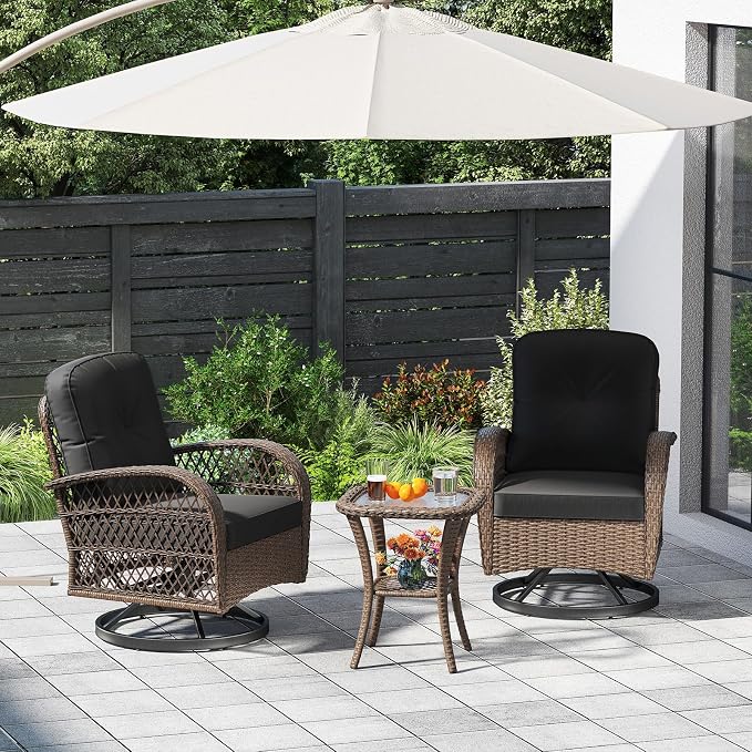ORALNER 3 Pieces Wicker 360° Swivel Rocker Set Patio Furniture, Rocking Chairs with Cushions, Tempered Glass Coffee Table, Outdoor Rattan Bistro Set for Balcony Front Porch Deck Poolside (Black)