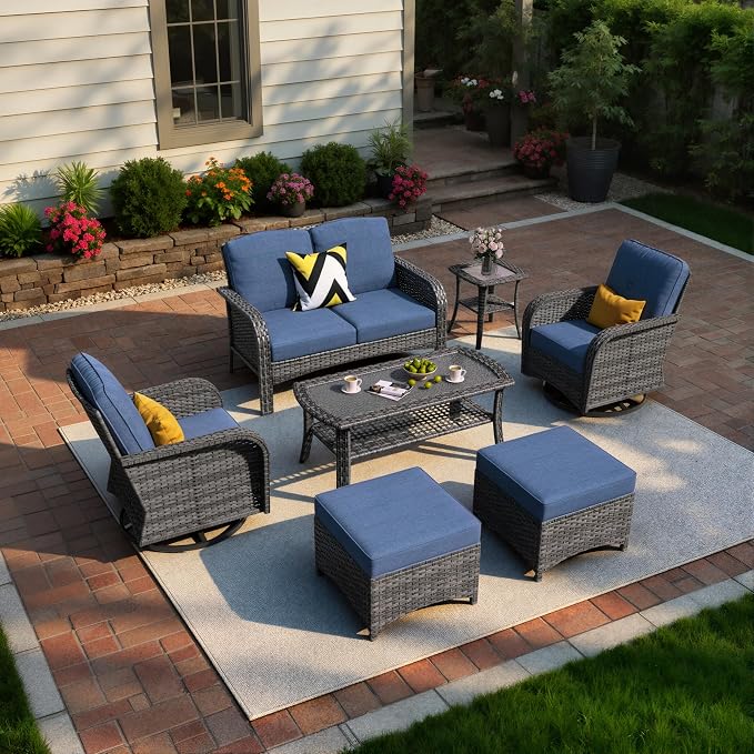 7 Piece Wicker Patio Furniture Set with Swivel Rocker Chairs, Blue | High Back Rocking Chair Sofa, Heavy Duty All Weather Rattan Outdoor Conversation Set, Thick Cushion, Balcony Porch Backyard