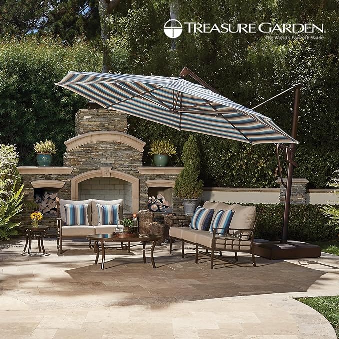 Treasure Garden AKZ PLUS Cantilever Umbrella 13' Octagonal Obravia Sand Canopy and Bronze Frame with Rolling Base