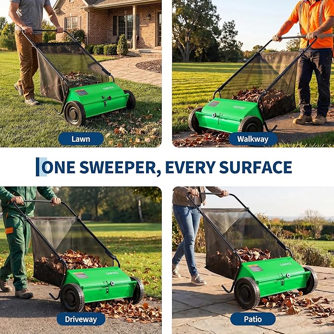 Garvee 26 Inch Push Lawn Sweeper, Walk Behind Leaf Grass Collector with 7 Cu ft Hopper Bag, Carbon Steel Frame, Yard Sweeper with Adjustable Brush Height for Garden Patio Driveway Leaves Cleanup