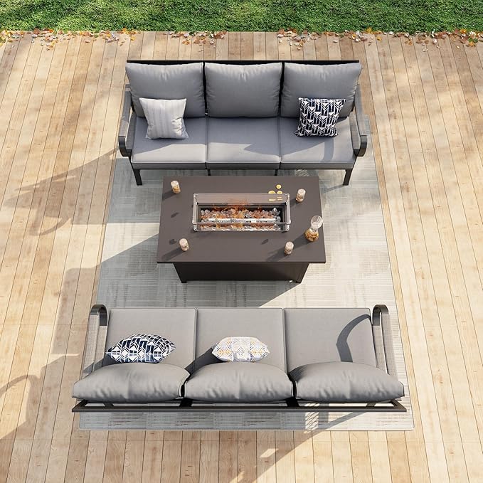 3 Pieces Patio Conversation Sets, All Weather Metal Outdoor Furniture Set 2 Three-Seater Sofas with Fire Pit Table for Backyard Garden Deck Porch Poolside, Gray