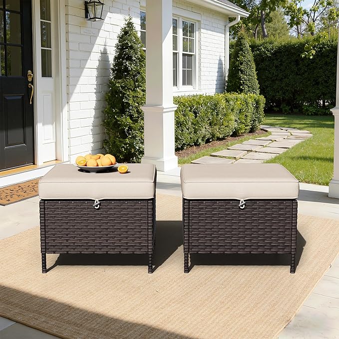 Outdoor Ottomans with Weather-Resistant Cushions, PE Rattan Patio Conversation Set for Backyard, Deck, Porch, Sunroom (Beige)