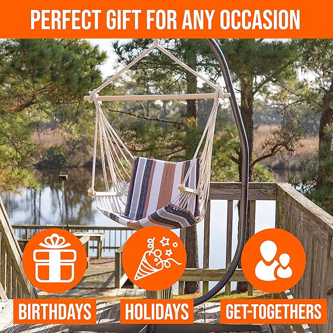 Castaway Living Hammock Chair, Hanging Rope Cushioned Swing with Quick Dry Fabric for Indoor & Outdoor Use - Gray and Black Stripe