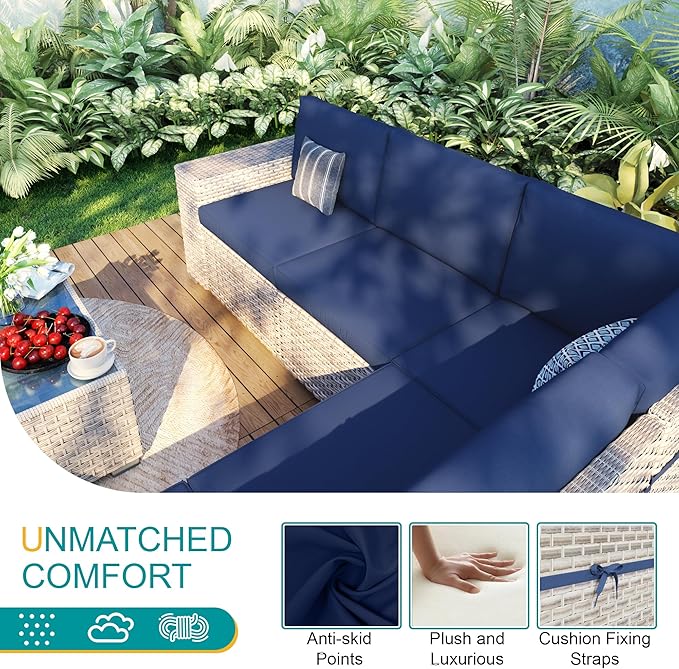 7-Piece Patio Furniture Set, Outdoor Patio Conversation Set with 60,000 BTU Fire Pit Table, PE Rattan Wicker Sectional Sofa with Large Capacity Seats,Widened Armrests, Extra High Backrest, Navy Blue