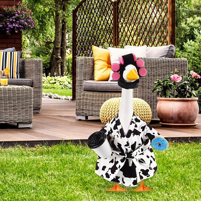 Shyyween Lady Porch Goose Outfit for 23'' Cement Plastic Lawn Goose Statue Clothes Cow Pattern Bathrobe Coffee Cup Curlers for Outdoor Garden Yard Patio Decoration