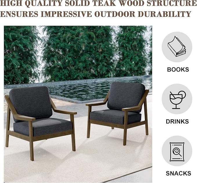 Outdoor Patio Furniture Set, 2 Piece Outdoor Patio Sofa Armchairs with Washable Thick Cushions, All-Weather Solid Wood Patio Bistro Set for Porch, Balcony, Natural Frame & Dark Gray Cushion
