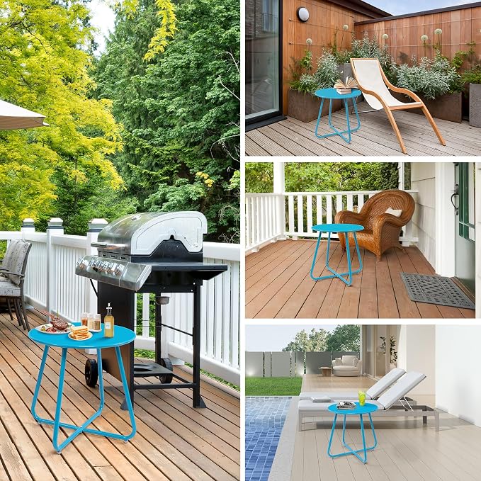 Patio Small Side Table Waterproof Round Metal Steel Weather Resistant Portable Outdoor and Indoor End Table for Garden Balcony Yard,Sky Blue