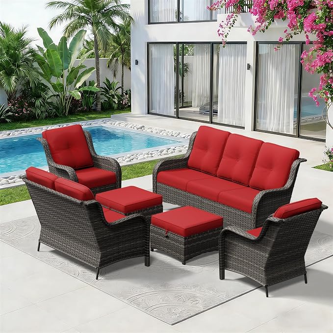 6 Piece Outdoor Wicker Patio Furniture Set, Patio Chairs Set with Thickened Olefin Cushions, High Back and Deep Seating, Hand-Woven PE Rattan, Ottoman for Porch, Deck