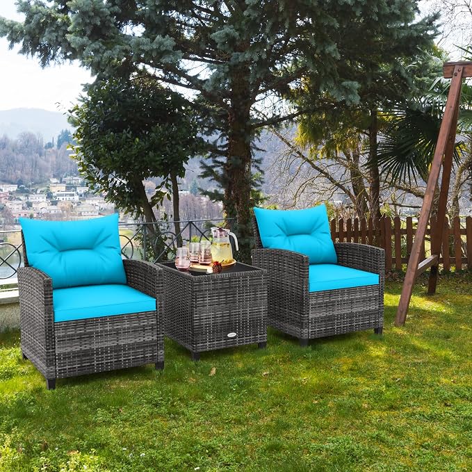 RELAX4LIFE 3 Piece Patio Furniture Set, Wicker Bistro Conversation Set w/2 Cushioned Armchairs & Glass Topped Table, Outdoor Rattan Sofa Set Patio Furniture for Porch Balcony Poolside (Grey-Turquoise)