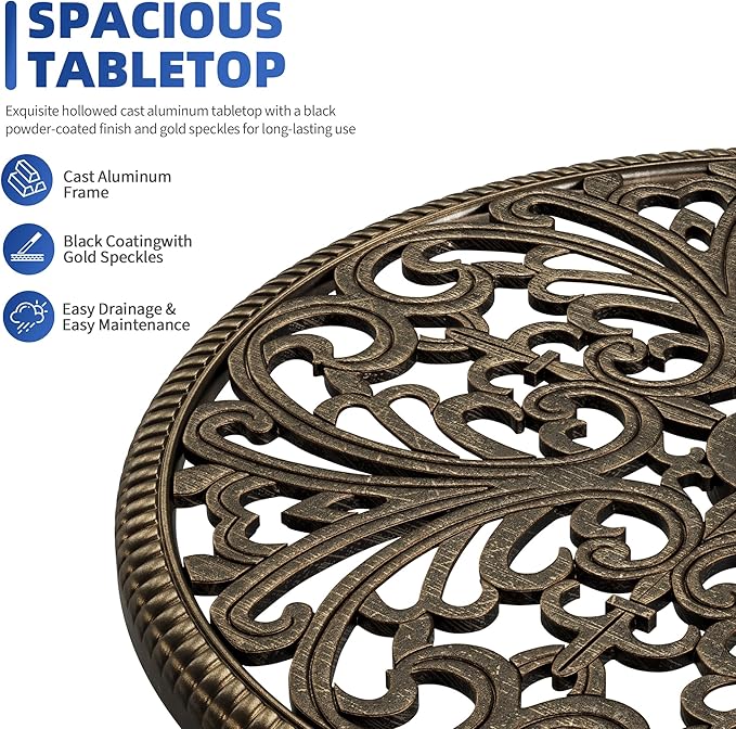 Garvee 23" Round Patio Dining Table with Umbrella Hole,Antique Cast Aluminum Outdoor Bistro Table,Umbrella Table,Side Table,End Table,Outdoor Furniture for Backyard,Garden,Patio,Porch,Bronze
