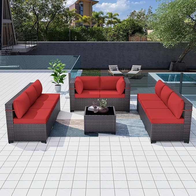 Patio Furniture Set 9pcs Outdoor Furniture for Backyard Sectional Sofa Set, Wicker Rattan Outdoor Conversation Set with 4 Inch Thickened Cushions and Coffee Table, Red