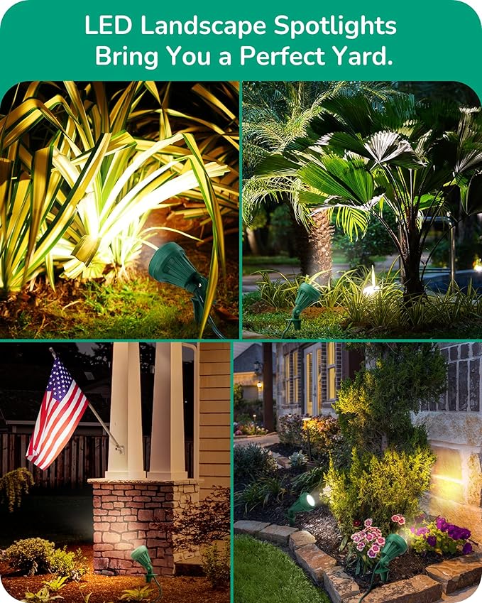 EDISHINE LED Outdoor Spotlights, 120V 5.5W Plug in Spot Light with 3 Lenses (Red Green Yellow), 180° Rotatable, 5000K, Waterproof Landscape Lighting for Flag Tree Garden, 2 Pack