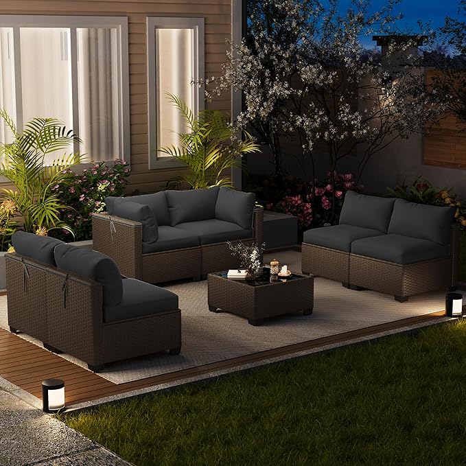 7 Piece Outdoor Patio Furniture Set, Rattan Chairs Glass Table Wicker Conversation Seating Sectional Sofa with Cushions (Brown-Dark Grey, 7Pcs-Straight Back)