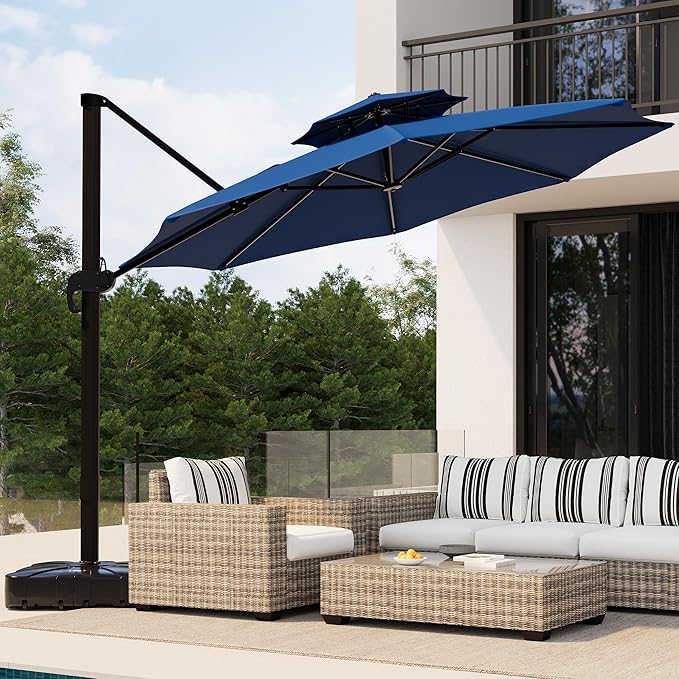 10x10 ft Round Outdoor Umbrella, Cantilever Patio Umbrella with 360° Rotation & Adjustable Height, Heavy Duty Aluminum Umbrella Outdoor Patio for Garden Poolside,Navy Blue (Base Not Included)