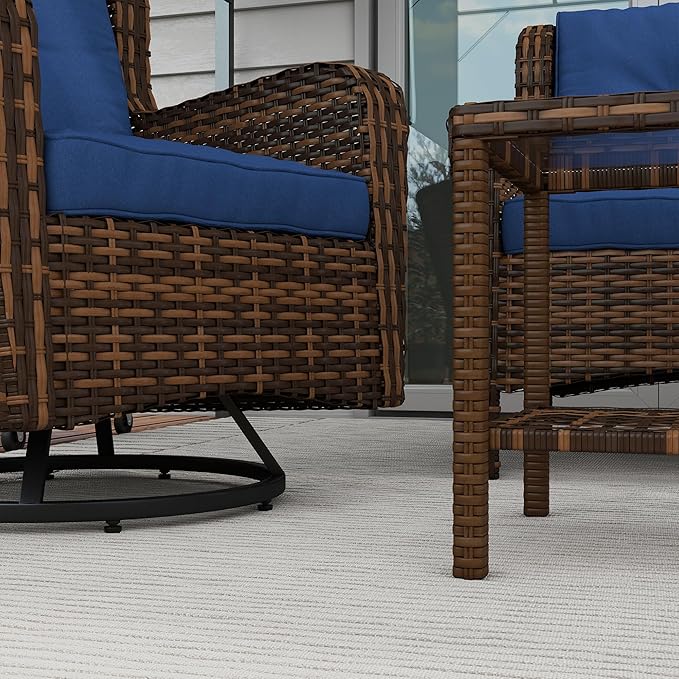 Outsunny 4 Piece PE Rattan Outdoor Patio Furniture Set, Wicker Conversation Set with 2 Swivel Glider Chairs, 2-Tier Glass Table and Loveseat for Garden, Patio, Poolside, Blue