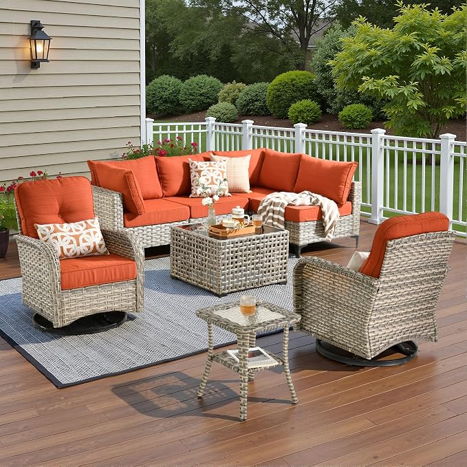 8 Pieces Patio Sectional Furniture Set, Outdoor Wicker Sectional Couch with High Back Swivel Rocker Chairs Solar Lights Table, Modern Conversation Set for Porch Balcony Backyard, Orange