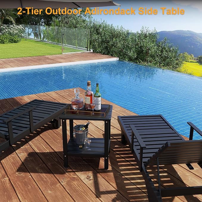 Outdoor Side Table, Small Square Patio Side Table with Adjustable Feet, All-Weather HDPE Adirondack End Tables for Porch Deck Balcony Pool, 2-Tier Storage, Easy Maintenance, Black