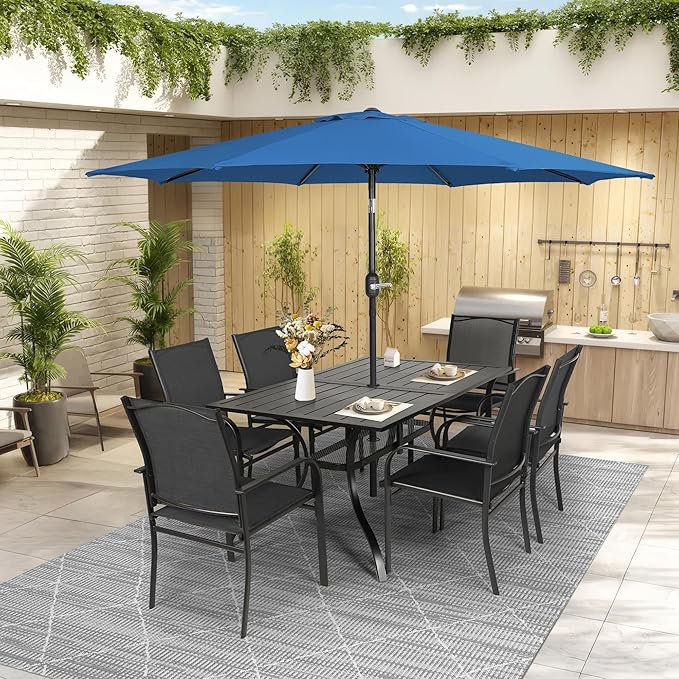 Crownland 7 Piece Patio Dining Set, Textilene Dining Sets, 6 Textilene Metal Chairs and Rectangular Outdoor Dining Table with Dark Blue 9FT Round Outdoor Umbrella (Black)