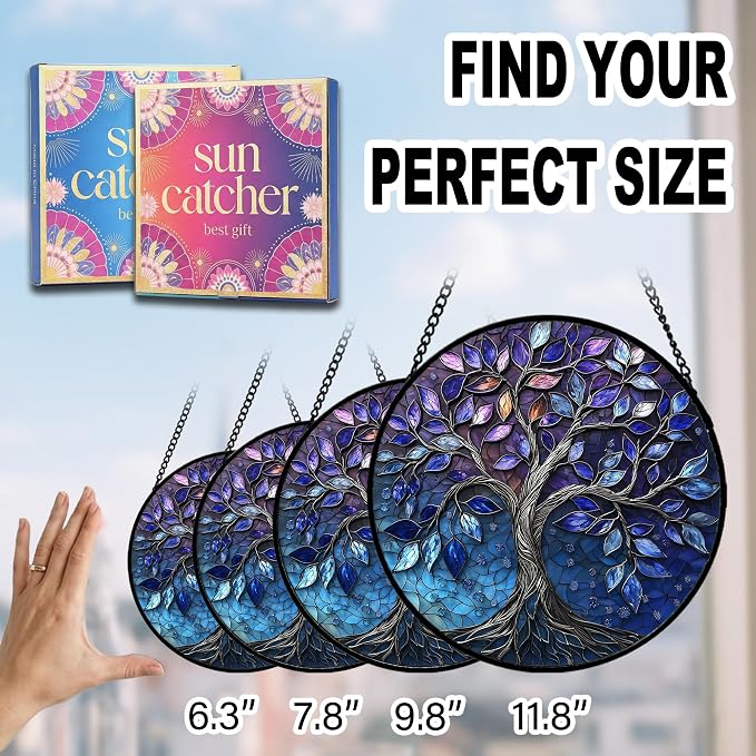 Birthday Gifts for Women - Blue Tree of Life Faux Stained Glass Window Hanging Sun Catcher for Door Garden Acrylic Decor Mother's Day Christmas for Mom Nana Grandma Sisters Wife 6.3"