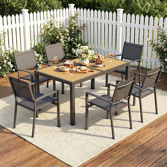 FansaFurn Patio Table and Chairs Set for 6, Outdoor Patio Furniture Set with Metal Textilene Chairs and Aluminum Table, All-Weather Outdoor Dining Set with HDPS Rectangular Tabletop for Patio Porch