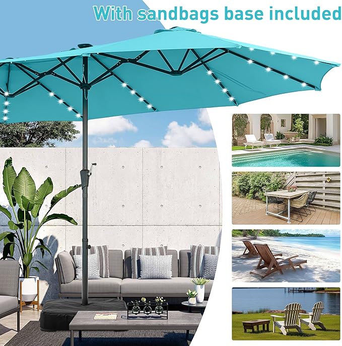 15 ft Patio Umbrella with 48 LED Lights, Large Rectangle Outdoor Solar Umbrella with Matching Base, Strap, Crank, Blue