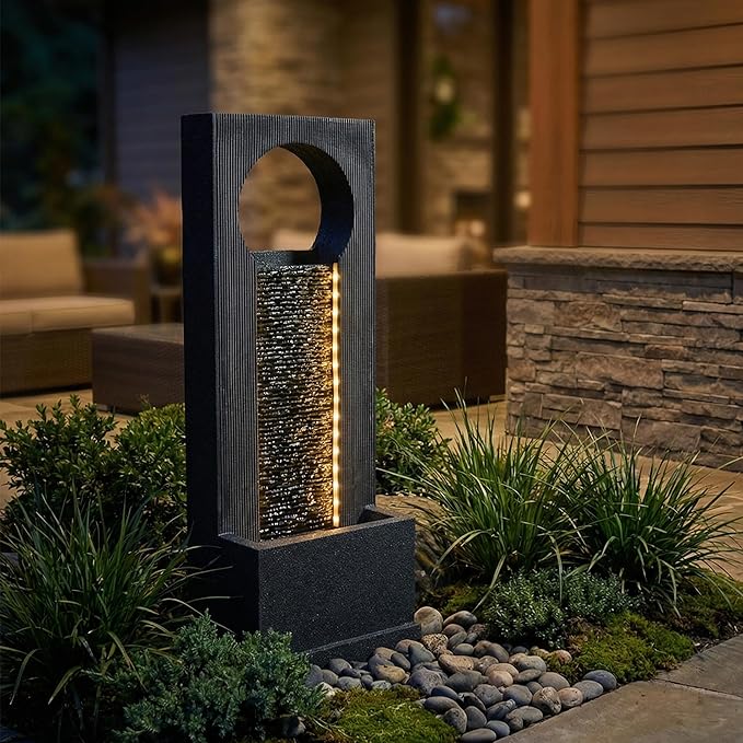 40-Inch Outdoor Water Fountain, Modern Indoor & Outdoor Freestanding Resin Waterfall Fountain with LED Strips, Water Feature for Garden, Patio, Porch, Deck, Backyard in Gray, Home Art Decor