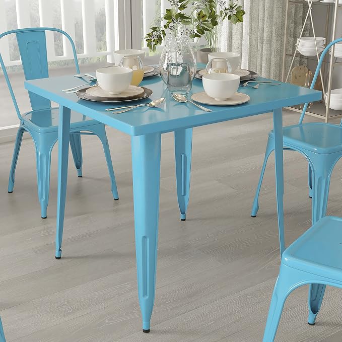 Merrick Lane Nash Indoor-Outdoor Dining Table Only - Crystal Blue-Teal Powder Coated Finish - 31.5" Square Top - 27.25" Wide Base - Bracing for Added Stability