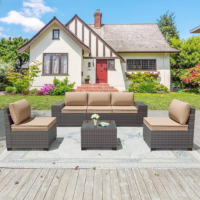 Patio Furniture Set 6 Pieces Outdoor Sectional Sofa Set,PE Rattan Wicker Patio Conversation Set with Thickened Cushions and Glass Coffee Table,Sand
