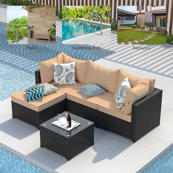 GOJOOASIS Patio Furniture Set Outdoor Sectional Sofa with Ottoman Wicker Couch Rattan Modular Seating Conversation Sets Porch Decor for Backyard, Balcony, Garden (Khaki)