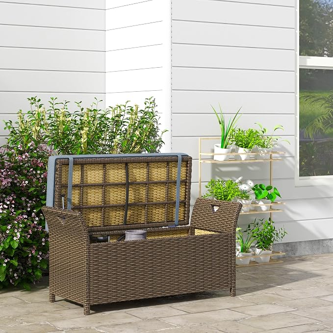 Outdoor Rattan Wicker Storage Bench with Cushion, Patio Storage Deck Box for Outdoor Furniture Cushions, Garden Tools (Dark Blue)
