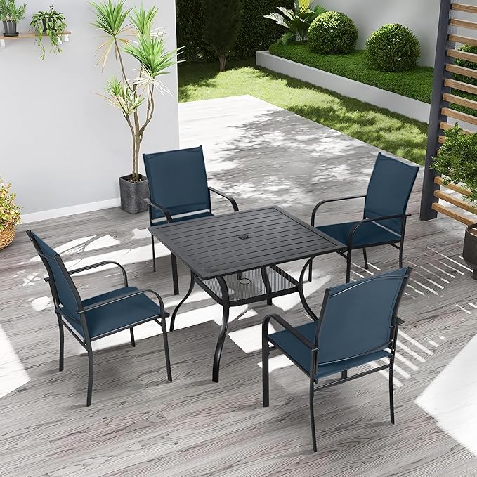 Crownland 5 Piece Patio Dining Set, Outdoor Textilene Dining Sets, 4 Textilene Metal Chairs and Square Outdoor Dining Table with 1.57" Umbrella Hole (Blue)