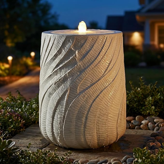 Sunnydaze Outdoor Water Fountain with LED Light - Textured Spiral Bubbler Water Feature with Pump - 22" H - for Patio, Garden, Deck, Relaxation and Stress Relief - White