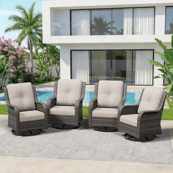 4 Piece Outdoor Swivel Rocker Patio Chairs Set, Patio Chairs Set of 4 with Thickened Olefin Cushions, High Back and Deep Seating, Hand-Woven PE Rattan for Porch, Deck, Beige