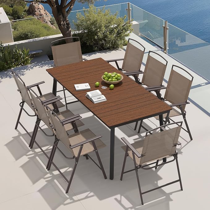 Crestlive Products 9 Piece Patio Dining Set, 70" Walnut Metal Outdoor Table and 8 Folding Chairs, with Umbrella Hole for Porch Poolside Yard Garden, Brown
